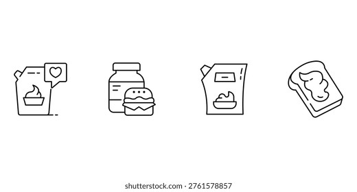 Breakfast and fast food icon set featuring sauce pouch burger meal glass jar condiment packaging and buttered toast bread slice.