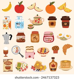 Breakfast favorites set. Apple, avocado toast, bacon and eggs, banana, cereal, coffee, croissant, milk, muffin, oatmeal, orange juice, pancakes, waffles. Hand drawn vector illustrations.