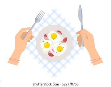 Breakfast: female hands with steel fork and knife, ceramic plate with scrambled eggs on a table napkin. Flat vector concept illustration of kitchen utensils and food isolated on a white background.