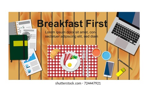 Breakfast first concept , meal on the table (egg with bacon) in the morning is important before working 