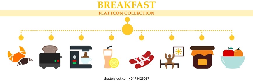 Frühstück Flat Banner Web-Icons Kollektion. Vektorillustration-Konzept inklusive Ikone aus Croissant, Toaster, Kaffeemaschine, Orangensaft, Wiener, Morgenmarmelade und Obst