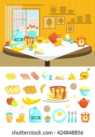 Breakfast Flat Composition Set With Icons Placed On A Table In A Room Or Kitchen Vector Illustration