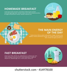 Breakfast flat horizontal banner set with headlines of homemade breakfast the main energy of the day and fast breakfast vector illustration