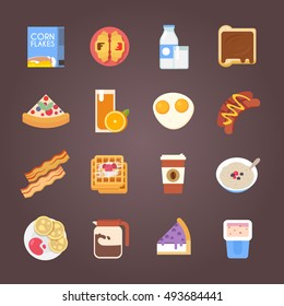 Breakfast flat icons. Corn flakes, cereal, juice, milk, coffee, eggs, cake, sausages, pancakes, bacon. Vector illustration.