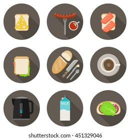 Breakfast flat icons set with long shadows