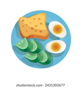 Breakfast flat illustration. Eggs, bread and cucumber on plate