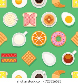 Breakfast flat style seamless texture. Different meals and drinks colored on green background. Vector cartoon style illustration