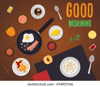 Breakfast flat top view set.Vector food and drinks illustration.