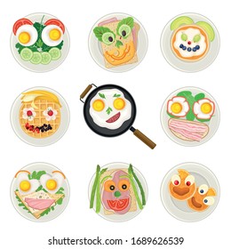 Breakfast Food Arrangement or Serving Above View Vector Set