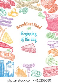 Breakfast food: avocado, bacon, bread, breakfast, cheese, chicken, corn, croissant, eggs, ketchup, loaf, omelet, pepper, salad, sandwich, sausage, broccoli, flour, garlic, spaghetti, tomato, vegetable, juice, milk
