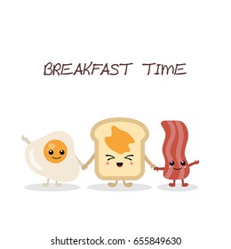 Breakfast food and beverages. Cute cartoon characters. Design card. Egg, toast and bacon.