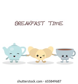 Breakfast food and beverages. Cute cartoon characters. Design card. Tea, coffee, croissant, kettle.