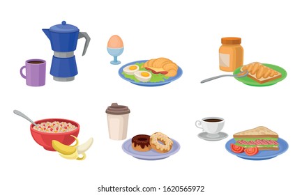 Breakfast Food and Beverages Isolated on White Background Vector Set