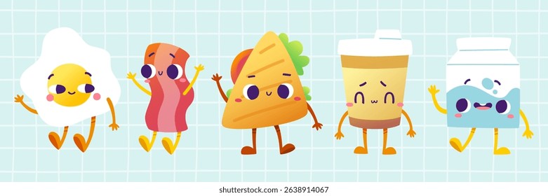 Breakfast food characters collection. Cartoon breakfast mascot set. 