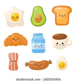 breakfast food characters icons set isolated on white background. vector Illustration.