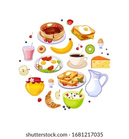 Breakfast Food of Circular Shape, Fresh Tasty Morning Meal DishesVector Illustration