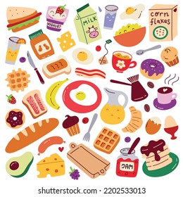 Breakfast food collection, colored tasty products for breakfast, coffee, toast, jam icons, vector doodle illustration of fruit, bread, isolated colored clipart on white background