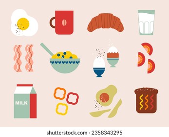 Breakfast food collection. Morning. Various tasty food and drinks. Egg, coffee, croissant, milk, cereals, vegetables, avocado, sandwich. Flat vector illustration. Isolated elements.