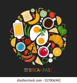  Breakfast food collection on a dark background, flat style