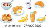 Breakfast Food Collection Vector Illustration With Cereal Yogurt Croissant Pancakes Toast Egg Banana Juice And Fruit