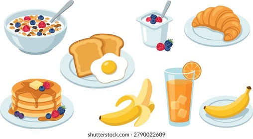 Breakfast Food Collection Vector Illustration With Cereal Yogurt Croissant Pancakes Toast Egg Banana Juice And Fruit