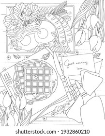 Breakfast food coloring book page for adults fried eggs sausage with vegetable waffles, hand, objects and elements, tulip flowers. Coloring book antistress for children and adults