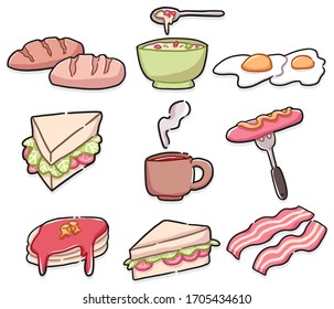 breakfast food cute drawing icons set