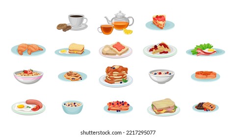 Breakfast Food and Dish Served on Plate as Morning Meal Vector Big Set