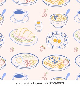 Breakfast food doodle seamless pattern illustration. Hand drawn line illustration of fried eggs, cereal, croissant, coffee for cafe menu, packaging and food design.