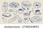 Breakfast food doodle set with milk, coffee, sandwich, croissant, eggs, bread, cereal, pancakes, fruit and drinks. Hand drawn line illustration collection for menu, packaging, poster and food design.