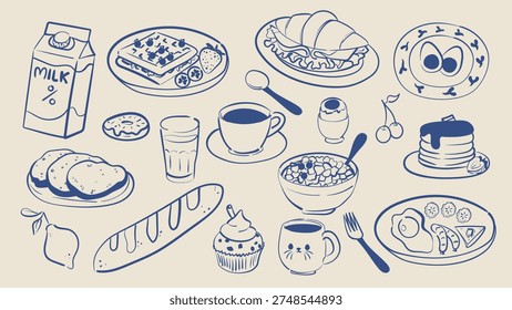 Breakfast food doodle set with milk, coffee, sandwich, croissant, eggs, bread, cereal, pancakes, fruit and drinks. Hand drawn line illustration collection for menu, packaging, poster and food design.