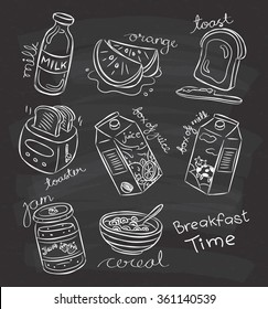 breakfast food in doodle style on chalkboard background