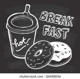 Breakfast food in doodle style on chalkboard background