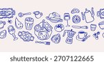 Breakfast food, doodle style pattern. Seamless handdrawn texture, repeating print design with coffee, moka pot, egg, tea cup, Dolce Vita Italian sketches, scribbles. Hand-drawn vector illustration