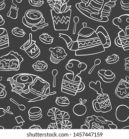 Breakfast. Food and drink. Coffee and tea. Bakery products. Fruits. Seamless vector pattern (background, print).