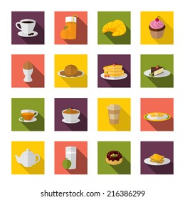 Breakfast food and drink icon flat set with bacon and eggs pancakes isolated vector illustration