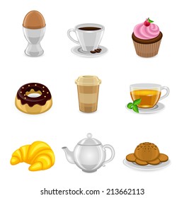 Breakfast food and drink icon set with egg coffee cup cake and croissant isolated vector illustration