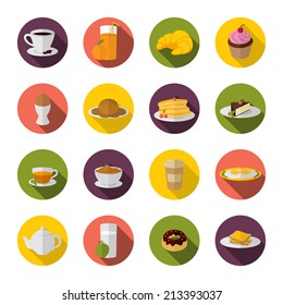 Breakfast food and drink icon with tea coffee croissant and sandwich flat set vector illustration