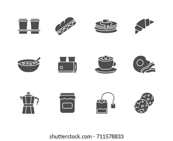 Breakfast food and drink related black icons set.