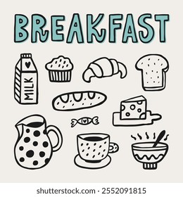 Breakfast food and drink set. Hand drawn vector tasty elements. Doodle illustration, greating card