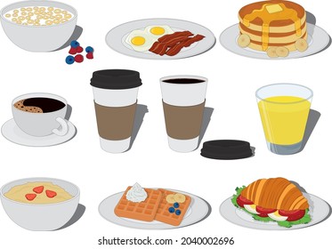 Breakfast food and drink types collection vector illustration