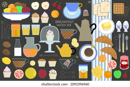 Breakfast food and drink vector flat illustration set. Morning type dishes for menu design, coffee shop, cafe food background. Big icon set. Sweet and savory healthy meal.
