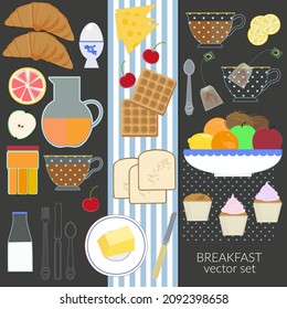 Breakfast food and drink vector flat illustration set. Morning type dishes for menu design, coffee shop, cafe food background. Big icon set. Sweet and savory healthy meal.