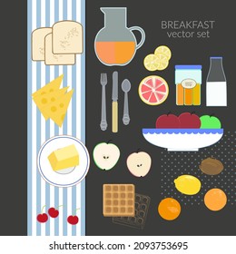 Breakfast food and drink vector flat illustration set. Morning type dishes for menu design, coffee shop, cafe food background. Big icon set. Sweet and savory healthy meal.