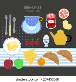 Breakfast food and drink vector flat illustration set. Morning type dishes for menu design, coffee shop, cafe food background. Big icon set. Sweet and savory healthy meal.