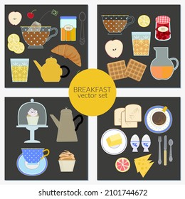 Breakfast food and drink vector flat illustration set. Morning type dishes for menu design, coffee shop, cafe food background. Sweet and savory healthy meal.