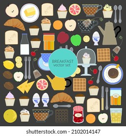 Breakfast food and drink vector flat illustration set. Morning type dishes for menu design, coffee shop, cafe food background. Big icon set. Sweet and savory healthy meal.