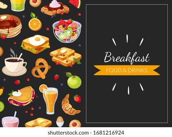 Breakfast Food and Drinks Card Template, Cooking Book, Restaurant or Cafe Menu Element Vector Illustration