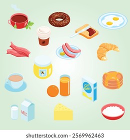 Breakfast food and drinks colorful flat icon set with coffee tea eggs