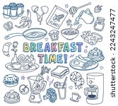 Breakfast food and drinks doodle set. Hand drawn vector illustration. Outline stroke is not expanded, stroke weight is editable